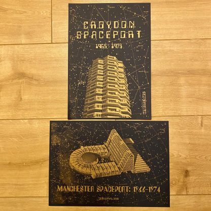 Croydon Spaceport and Manchester Spaceport riso prints (Colossive Press)